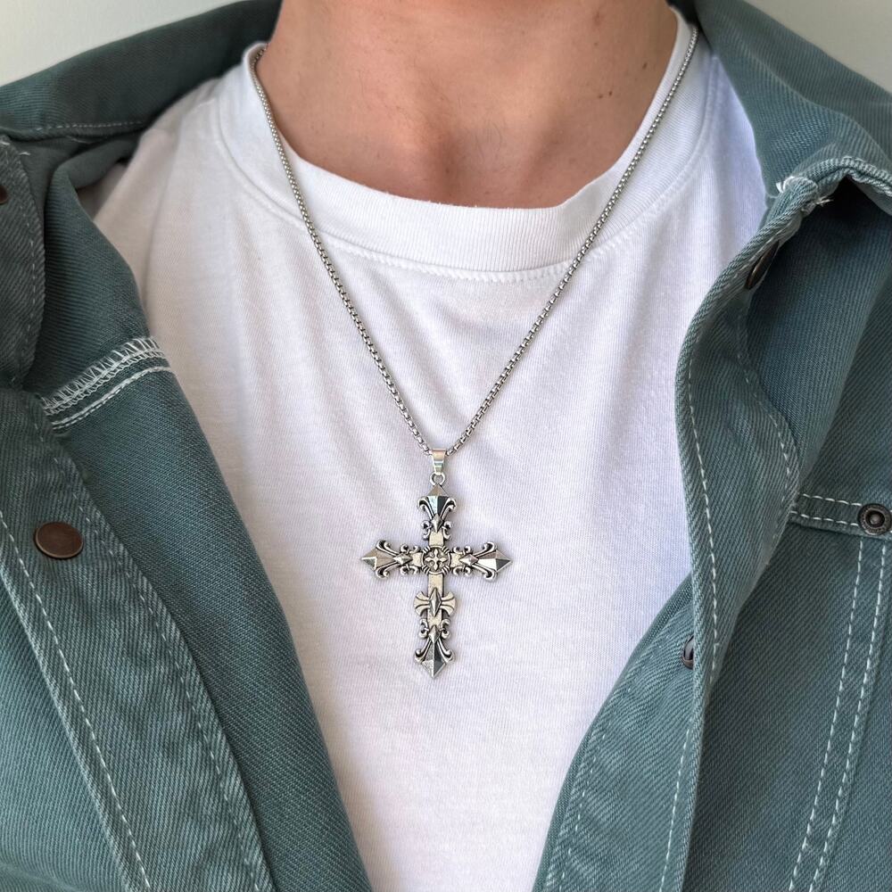 Silver Tone Cross Pendant Necklace Unisex Lobster Clasp Chain New